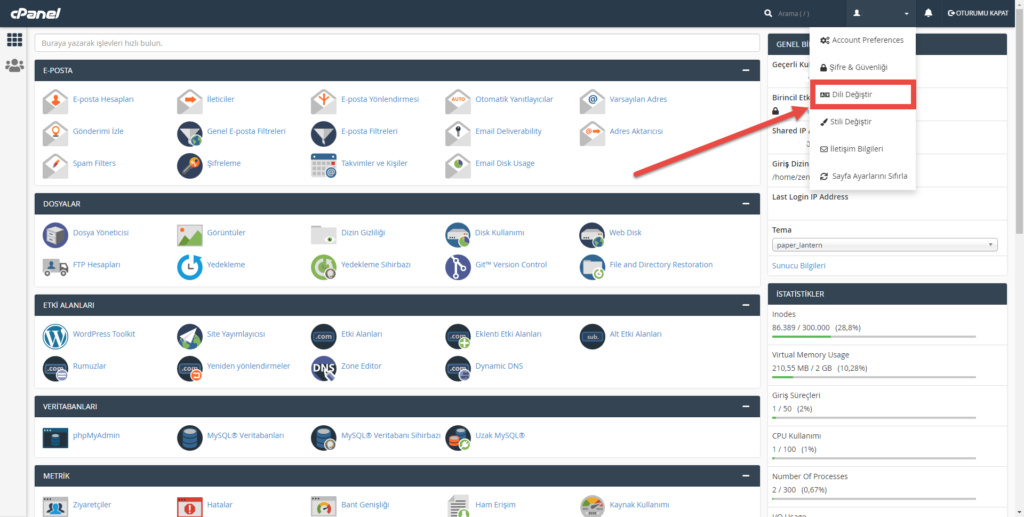 cpanel dil değiştirme